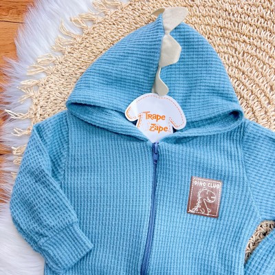 Conj. Jaqueta com Capuz de Dino e Calça em Malha Wafle - Azul